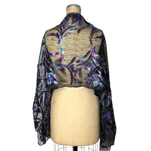 Bleck mesh shawl with iridescent sequins and embroidered petals and leaves 20" x